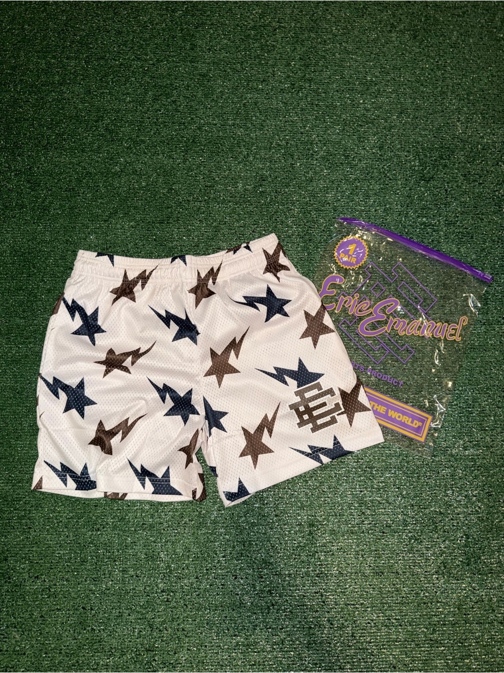 Eric Emanuel White Mesh Shorts with Navy and Brown Star Pattern